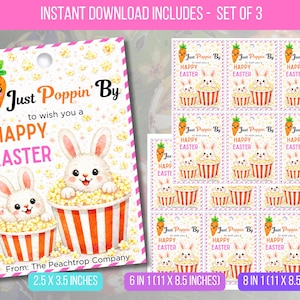 Könnte beinhalten: Oster-Themen-Drucketiketten und -Etiketten. Das Design zeigt eine Karotte, Popcorn und ein Kaninchen. Der Text lautet „Just Poppin' By to wish you a Happy Easter“. Die Etiketten sind 6,35 x 8,89 cm groß. Das Set enthält 3 verschiedene Drucke.