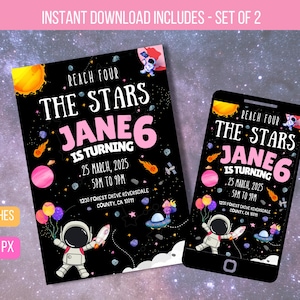 Convite editável Reach Four the Stars, aniversário de astronauta de planetas do espaço sideral, convite para festa espacial para impressão, download instantâneo de e-vite