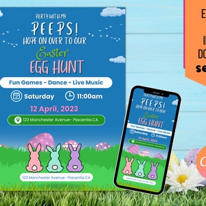 INSTANT DOWNLOAD Easter Egg Hunt Invitation, Editable Party With My Peeps Printable Invite, Spring Easter Peeps Egg Hunt Party,