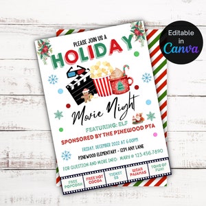 Editable Christmas Movie Night Invitation, Printable Holiday Movie Night Invite, Movie Birthday Party, School Movie Night.