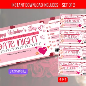 Plantilla de boletos para una cita nocturna por el Día de San Valentín EDITABLE - Boleto para un evento personalizado - Boleto para una cita nocturna sorpresa Descarga digital instantánea