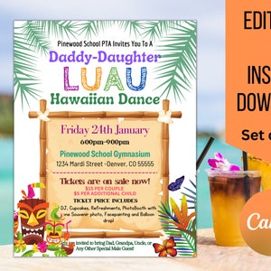 May include: A printable invitation for a Daddy-Daughter Luau Hawaiian Dance. The invitation features a tropical theme with palm leaves, flowers, and a tiki mask. The event is scheduled for Friday, January 24th from 6:00 PM to 9:00 PM at Pinewood School Gymnasium. Tickets are on sale now for $15 per couple and $5 per additional child.