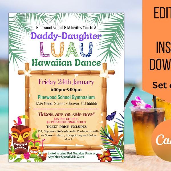 EDITABLE Daddy Daughter Dance Set School Dance Flyer Party Invitation Hawaiian Luau Event Church Community Event, pto, pta, INSTANT DOWNLOAD