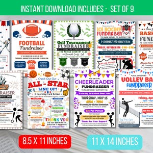 May include: Set of nine printable flyers for fundraising events. Each flyer features a different sport, including baseball, football, golf, ice hockey, basketball, bowling, cheerleading, volleyball, and all-star line up. The flyers are designed in a colorful and playful style with cartoon illustrations of sports equipment and athletes. Each flyer includes the name of the event, the date and time, the location, and a brief description of the event. The flyers are available in two sizes: 8.5 x 11 inches and 11 x 14 inches.
