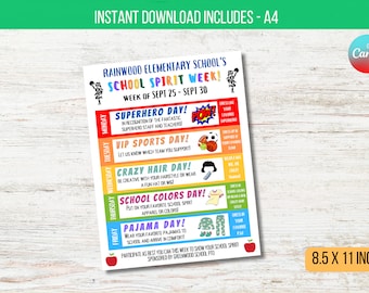 Spirit week template, Spirit week schedule, School spirit week, Spirit week planner, Edit yourself instant download, PTO PTA Spirit week