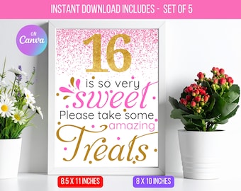 EDITABLE 16 Is Sweet Please Wall Art, Take A Treat Signage, Sixteen Birthday Party 16th Birthday Pink And Gold Confetti Instant Download