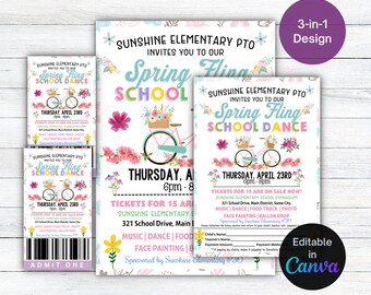 EDITABLE Spring Fling School Dance Set, Sun, Rainbow, Butterfly, Fundraiser Event Poster, Spring Break theme poster, Spring festival Invite,
