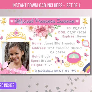 EDITBALE Custom Princess License | Driver&#39;s License | Children&#39;s License | ID Card | Princess Party Favors | Modifiable Template