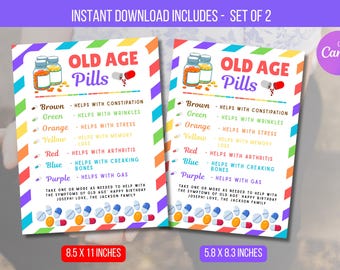 Pillole per la vecchiaia MODIFICABILI, Oltre la collina, etichetta regalo di compleanno, regalo divertente per ufficio professionale, regalo di compleanno con download immediato