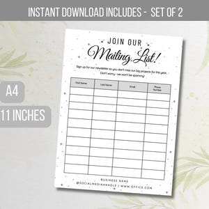 Puede incluir: Señal imprimible con un diseño en blanco y negro con estrellas y el texto "¡Únete a nuestra lista de correo!"  Regístrese en nuestro boletín para que no se pierda nuestros grandes proyectos para este año. No se preocupe, no seremos spam.  La señal tiene columnas para el nombre, el apellido, el correo electrónico y el número de teléfono.  La señal también incluye el texto "Nombre de la empresa @SOCIALMEDIAHANDLE | www.OFFICE.COM".