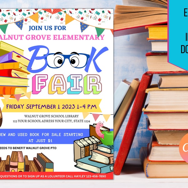 EDITABLE Book Fair Flyer Printable School Fundraiser Invitation Template, Community Event, Book Sale Invite pto pta, Template Library