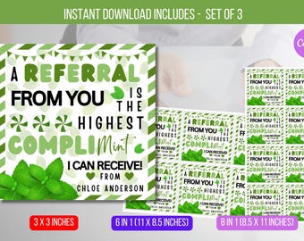 EDITABLE Referrals From You es un cliente hipotecario bancario de marketing para pequeñas empresas de Compli-Mint, agente inmobiliario de Mint. Etiqueta emergente. Descarga instantánea.