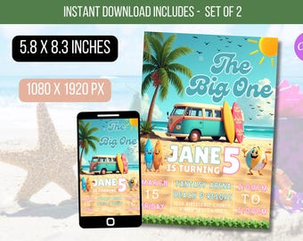 EDITABLE The Big One Surfing Birthday Invite, Surf Up Green Blue Summer Beach Birthday Invitation Template Digital Invite Instant Download