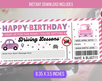 EDITABLE Driving Lesson Gift Voucher, Birthday Surprise Driving School Gift Voucher Ticket, Voucher Ticket, Teen Gift Idea Learn To Drive