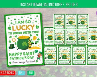 REDIGERBAR Jag har sån tur att få jobba med dig, uppskattning för kontorspersonal med klöver, presentetiketter för kollega på St Patricks dag direkt nedladdning
