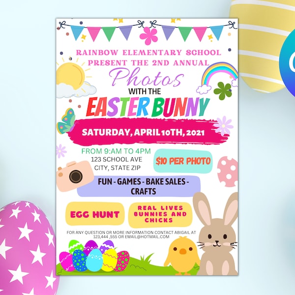 Cute Photos with the Easter Bunny Flyer, Printable Invite School, Church Community Fundraiser, Spring Easter Bunny Event EDITABLE TEMPLATE