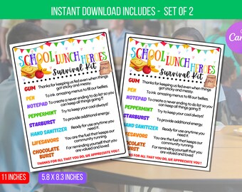 May include: Two printable 8.5 x 11 inch cards with a colorful design and the text "School Lunch Heroes Survival Kit". The cards list items like gum, pen, notepad, peppermint, starburst, hand sanitizer, lifesavers, chocolate burst, and a thank you message.