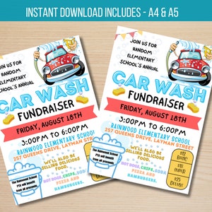 Folleto editable para recaudación de fondos de lavado de autos, folleto de la PTA y la PTO, póster digital para evento de recaudación de fondos a beneficio escolar, invitación para recaudación de fondos, descarga instantánea.