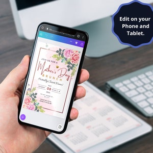 May include: A digital invitation for a Mother's Day brunch. The invitation features a pink and white floral design with gold text. The text reads "Join us for a Mother's Day Brunch" and includes the date, time, and location of the event.