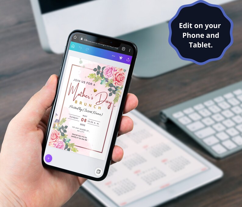 May include: A digital invitation for a Mother's Day brunch. The invitation features a pink and white floral design with gold text. The text reads "Join us for a Mother's Day Brunch" and includes the date, time, and location of the event.