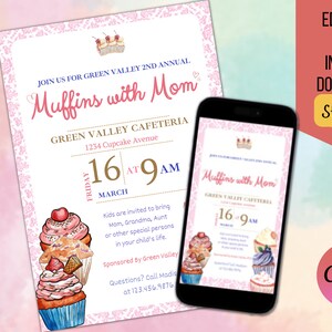 Editable Muffins With Mom, Mother&#39;s Day Invitation, School Mom Appreciation Fundraiser, PTA/PTO Mother&#39;s Day Brunch