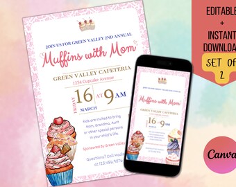 Muffins editables con mamá, invitación del Día de la Madre, recaudación de fondos de agradecimiento a la madre de la escuela, brunch del Día de la Madre de PTA/PTO