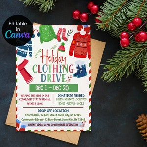 Tarjeta de viaje navideña editable, PTO de la PTA imprimible, invitación para recaudar fondos de la comunidad de la iglesia benéfica, folleto de donaciones de chaquetas frías de Navidad