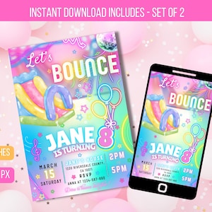 Editable Bounce House Birthday Party Invitation, Bounce Jump And Play Birthday Party, Neon Glow Bouncy Castle Party Instant Download