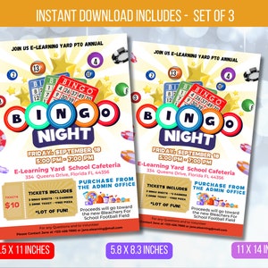 May include: A printable bingo night flyer with a colorful bingo card and the text "Bingo Night" in large, bold letters. The flyer includes details about the event, including the date, time, location, and ticket price. The flyer also includes the text "Purchase from the Admin Office" and "Proceeds will go toward the new Bleachers for School Football Field".