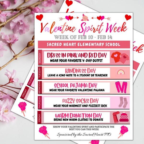 Valentines Spirit week school flyer. Festive spirit week PTO flyer. Editable Pta flyer for school fundraiser. Spirit week planner