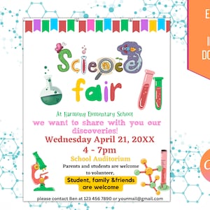 Może przedstawiać: Kolorowe, drukowane zaproszenie na targ nauki w szkole podstawowej Harmony. Zaproszenie przedstawia mikroskop, zlewki i probówki. Wydarzenie odbędzie się w środę, 21 kwietnia, w godzinach od 16:00 do 19:00 w auli szkolnej. Rodzice, uczniowie, rodziny i przyjaciele są mile widziani.