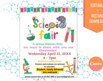 Science fair editable flyer, PRINTABLE template for school event, talent show flyer, Science Party, lab fundraiser event, PTA PTO invitation