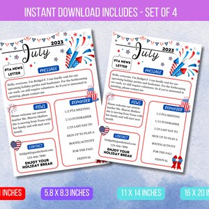 Plantilla editable de boletín informativo de julio, folleto imprimible para el aula, folleto informativo de la PTO y la PTA, folleto de eventos escolares, descarga instantánea