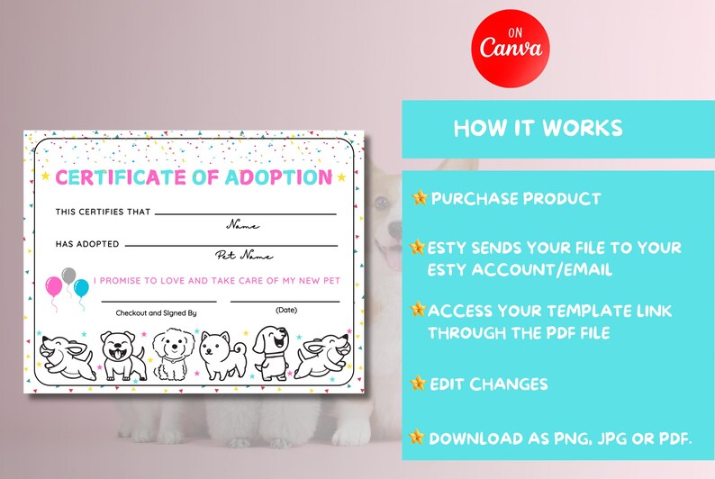 EDITABLE Adoption Certificate for Lets Pawty, Kitty Cat Party, Dog ...