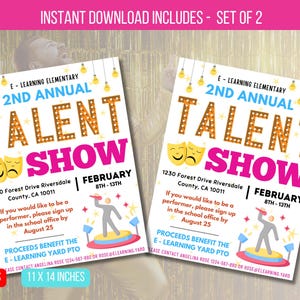 Può includere: Due volantini per un talent show. Il testo recita "2nd Annual Talent Show" a caratteri grandi. I volantini sono rosa e bianchi con accenti di lampadine gialle. Le dimensioni sono 21,6 x 27,9 cm e 27,9 x 35,6 cm.