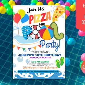 Uitnodiging voor pizza- en zwembadfeest, einde van schoolfeest, afdrukbare uitnodiging terug naar school, zomer kinderen jongens zwembad verjaardag, BEWERKBARE SJABLOON