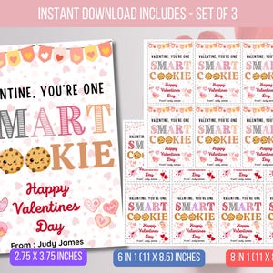 Peut inclure: Cartes de Saint-Valentin imprimables avec un biscuit au visage mignon et le texte "Valentine, you're one smart cookie". Les cartes sont disponibles en deux tailles : 2,75 x 3,75 pouces et 6 en 1 (11 x 8,5 pouces).
