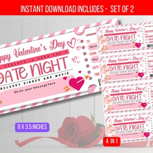 Plantilla EDITABLE de entradas para el día de San Valentín y la noche - Entrada personalizada para el evento - Descarga instantánea digital de la entrada para la noche y la fecha sorpresa