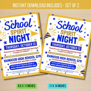 May include: Two printable flyers for a school spirit night event. The flyers are yellow and blue with gold stars and fireworks. The text on the flyers reads "School Spirit Night" and "Thursday, October 13". The flyers also include the location of the event, "Rainwood High School Gym", and the address, "245 Queens Drive, Main Street, FL 22335".