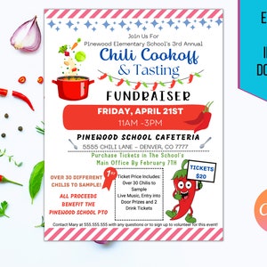 May include: A flyer for the Pinewood Elementary School's 3rd Annual Chili Cookoff & Tasting fundraiser. The design features a red chili pepper cartoon holding a sign that says "Tickets $20". The event is on April 21st.