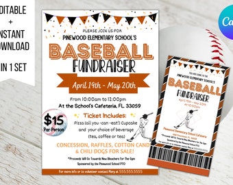 EDITABLE Baseballs Fundraiser Flyer Template With Ticket , Charity Non Profit Event , Sports Self Editing, Benefit Fundraiser Event Poster