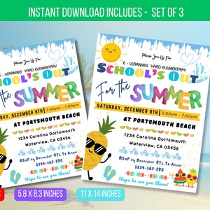Op de afbeelding: Printbare uitnodiging voor een "School is uit voor de zomer"-feest. De uitnodiging heeft een kleurrijk ontwerp met een ananas, een watermeloen en een ijsje. De tekst op de uitnodiging luidt "School is uit voor de zomer" en bevat de datum, tijd en locatie van het feest. De uitnodiging is verkrijgbaar in drie formaten: 8,5 x 11 inch, 5,8 x 8,3 inch en 11 x 14 inch.
