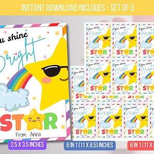 BEWERKBAAR You Shine Bright Like a Star Cadeaukaartjes, afdrukbare schoolkaartjes, cadeaukaartje voor eindejaarsstudent, aanmoediging gunsttag downloaden