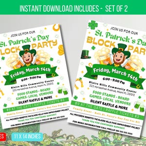 May include: Two printable St. Patrick's Day block party flyers with a green leprechaun holding two mugs of beer. The flyers are white with green shamrocks and gold coins. The text on the flyers reads "Join us for our St. Patrick's Day Block Party" and "Friday, March 14th, 6:00-9:00 PM".