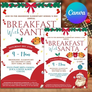Modelo editável de café da manhã com Papai Noel, panquecas com convite de Papai Noel, convite de feriado para festa de Natal infantil, escola da igreja PTO PTA