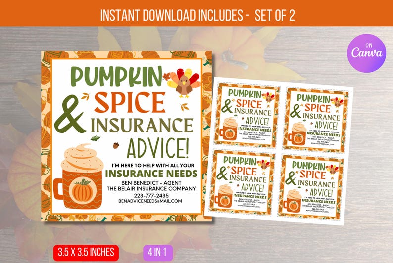 EDITABLE Pumpkin Spice & Insurance Advice Card, Fall Insurance