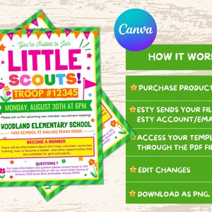 Invitation de réunion d'information des troupes pour le recrutement des scouts, modèle modifiable de communication avec les parents de l'école, téléchargement immédiat