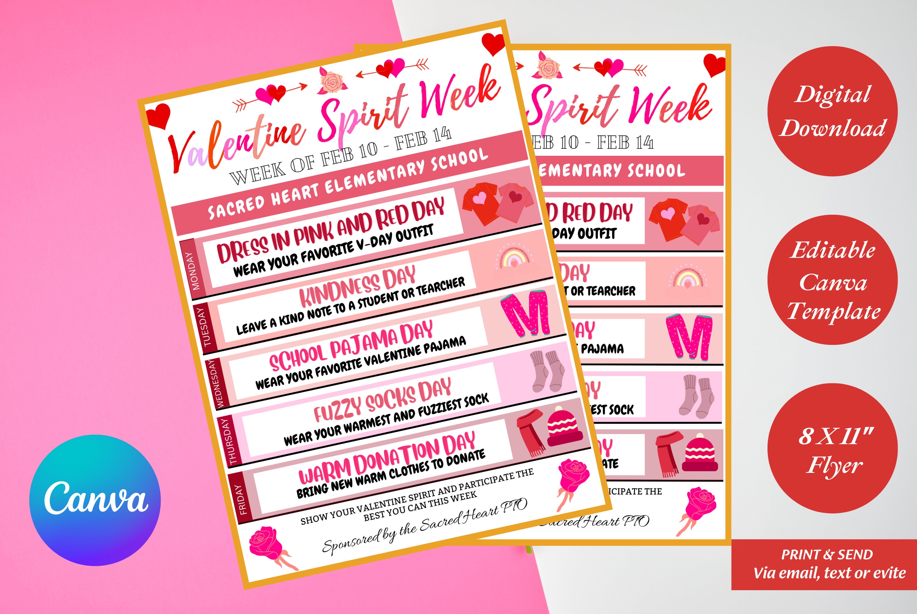 Valentines Spirit week school flyer. Festive spirit week PTO