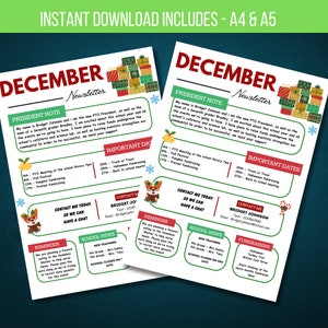 Plantilla editable para boletín de diciembre, folleto imprimible para el aula, folleto de la PTO/PTA, folleto de eventos escolares, descarga instantánea