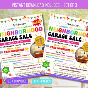 Op de afbeelding: Set van drie kleurrijke garage sale flyers. Elke flyer heeft de woorden "Neighborhood Garage Sale" in grote, veelkleurige letters. De flyers zijn 21,6 x 27,9 cm, 14,7 x 21,1 cm en 27,9 x 35,6 cm. De flyers bevatten de datum, tijd en locatie van de verkoop.